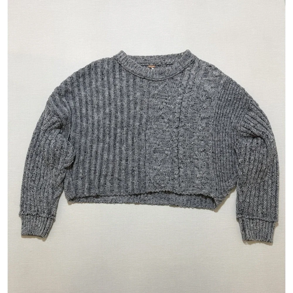Free People On Your Side Gray Knit Cropped Long Sleeve Pullover Sweater M